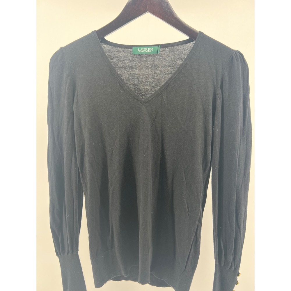 Lauren Ralph Lauren Black V Neck Long Sleeve Sweater Button Detail Womens XS